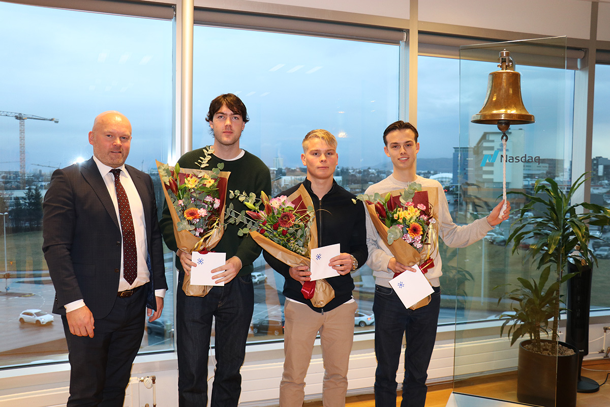 Nöfn sigurvegara í aðalkeppni: 1. sæti Martin Bjarni Guðmundsson (HR), 2. sæti Axel Orri Arnarsson (HR) og 3. sæti Róbert Orri Stefánsson (HÍ). - mynd