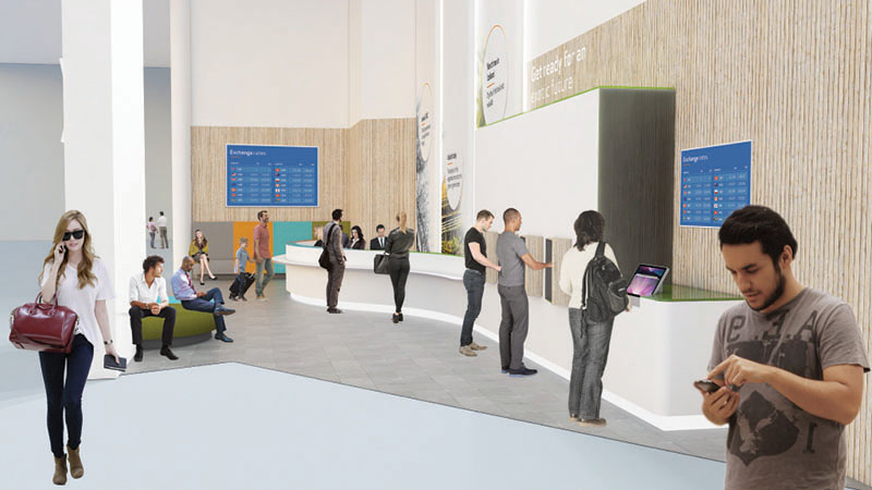 Hér má sjá hugmynd að útliti væntanlegrar starfsemi Arion banka í Flugstöð Leifs Eiríkssonar - mynd